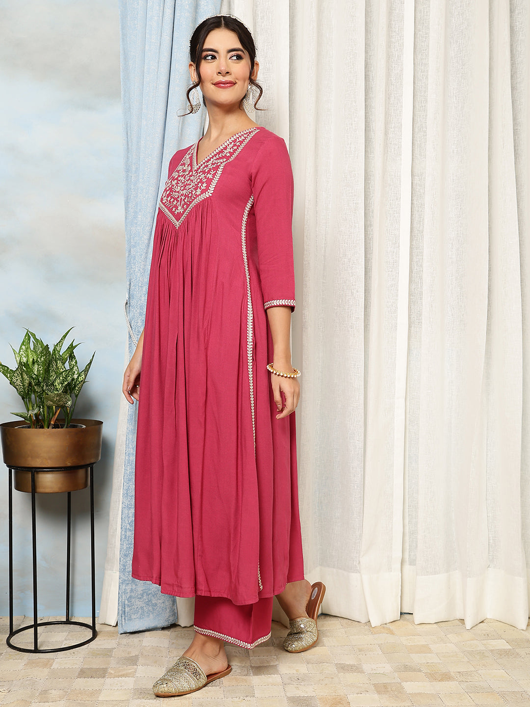 Rayon Calf Length Solid Flared 3/4 Sleeves V-Neck Kurta Bottom Dupatta Set