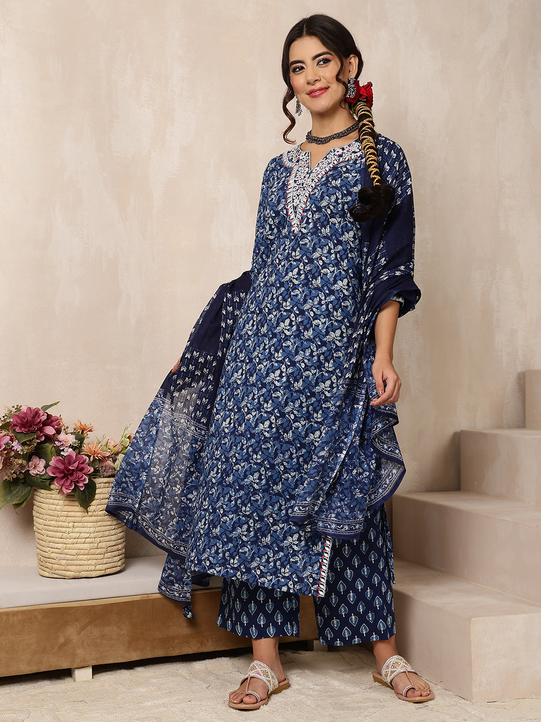 Cotton Calf Length Printed Straight 3/4 Sleeves V-Neck Kurta Bottom Dupatta Set