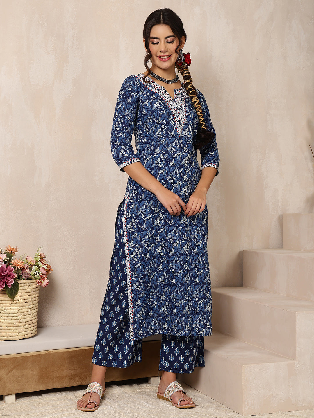 Cotton Calf Length Printed Straight 3/4 Sleeves V-Neck Kurta Bottom Dupatta Set