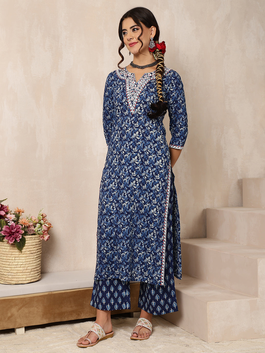 Cotton Calf Length Printed Straight 3/4 Sleeves V-Neck Kurta Bottom Dupatta Set