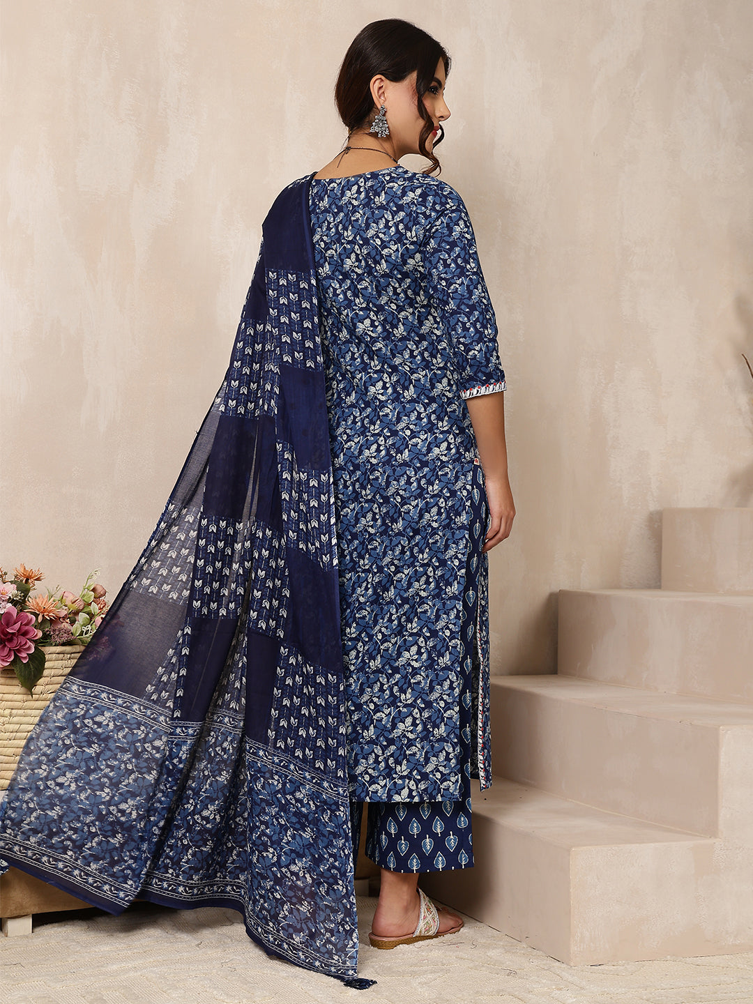 Cotton Calf Length Printed Straight 3/4 Sleeves V-Neck Kurta Bottom Dupatta Set