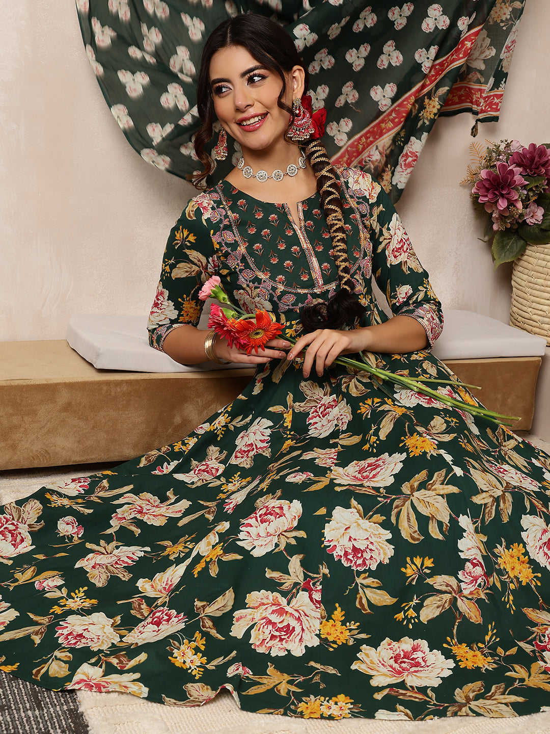 Cotton Calf Length Printed Flared 3/4 Sleeves Round Neck Kurta Bottom Dupatta Set