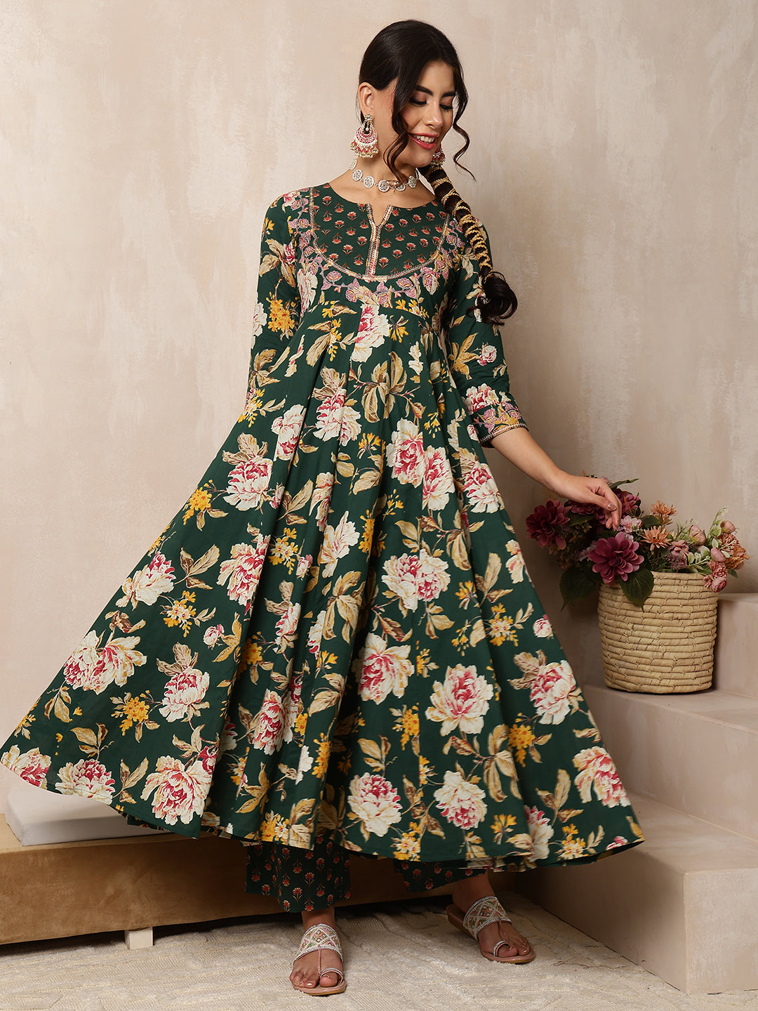 Cotton Calf Length Printed Flared 3/4 Sleeves Round Neck Kurta Bottom Dupatta Set