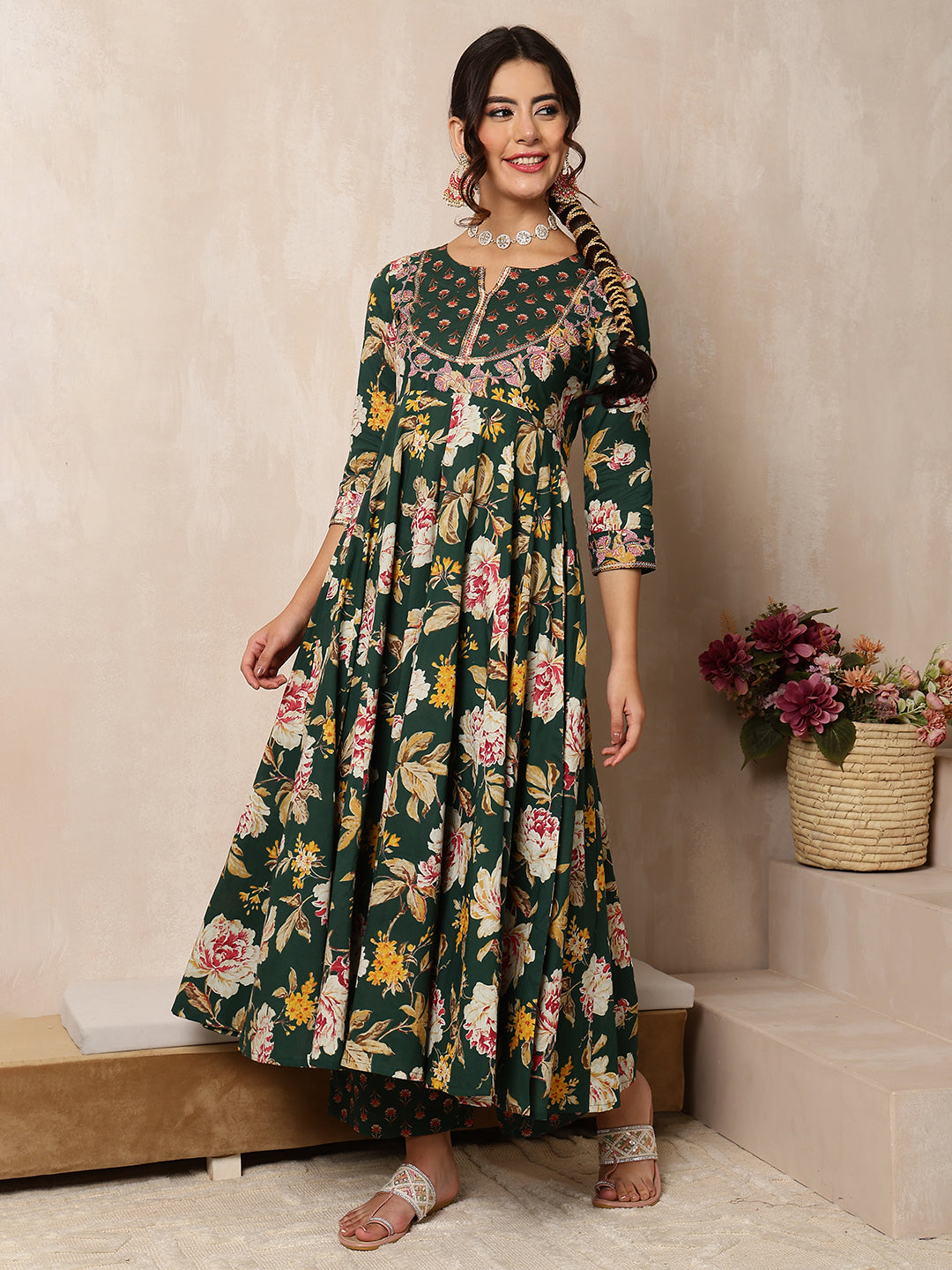 Cotton Calf Length Printed Flared 3/4 Sleeves Round Neck Kurta Bottom Dupatta Set