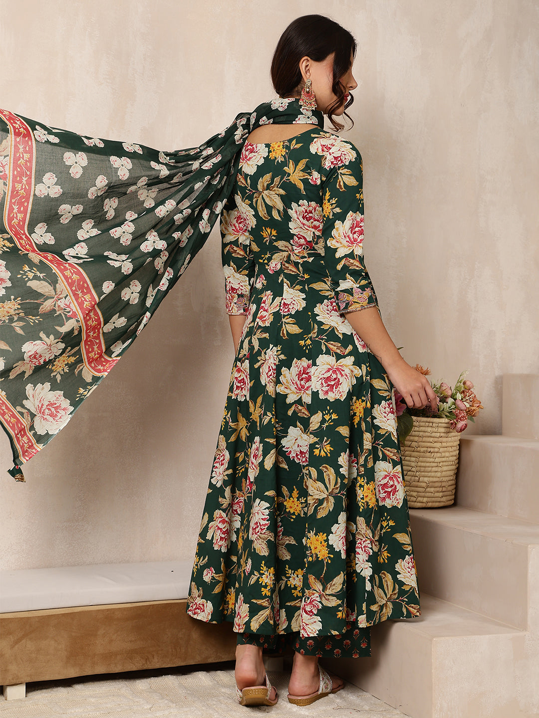 Cotton Calf Length Printed Flared 3/4 Sleeves Round Neck Kurta Bottom Dupatta Set