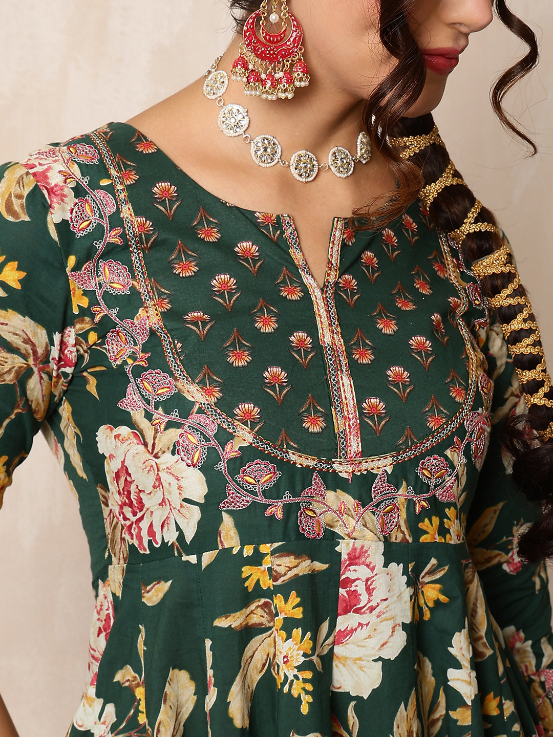 Cotton Calf Length Printed Flared 3/4 Sleeves Round Neck Kurta Bottom Dupatta Set