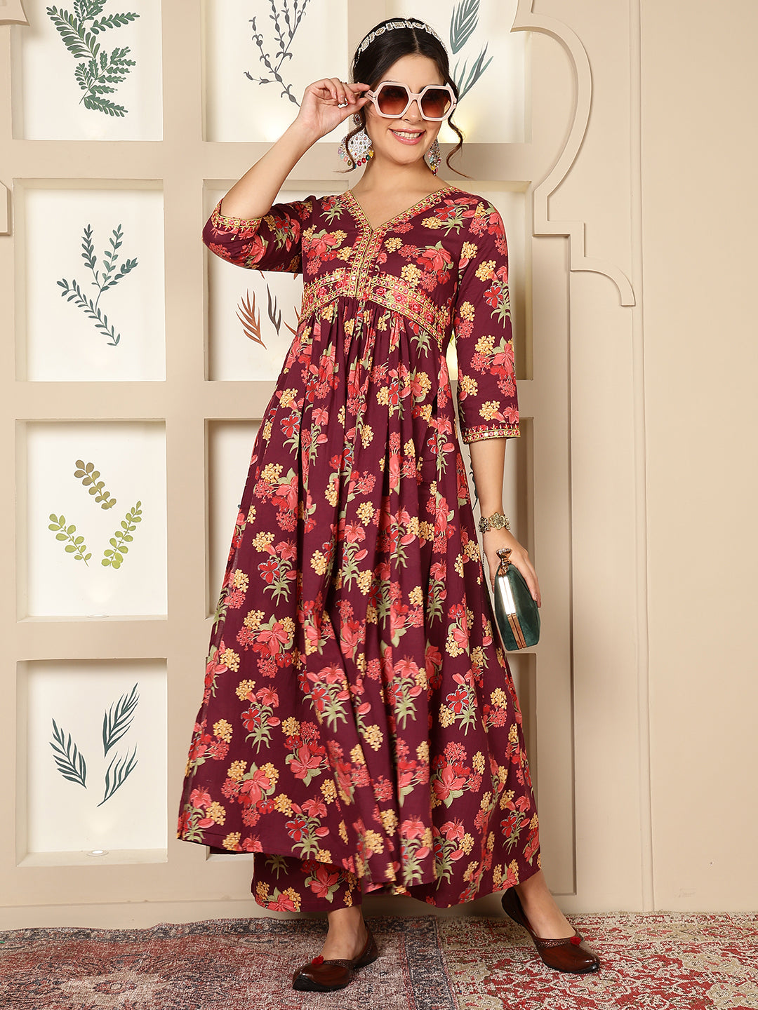 Rayon Calf Length Printed Flared 3/4 Sleeves V-Neck Kurta Bottom Set