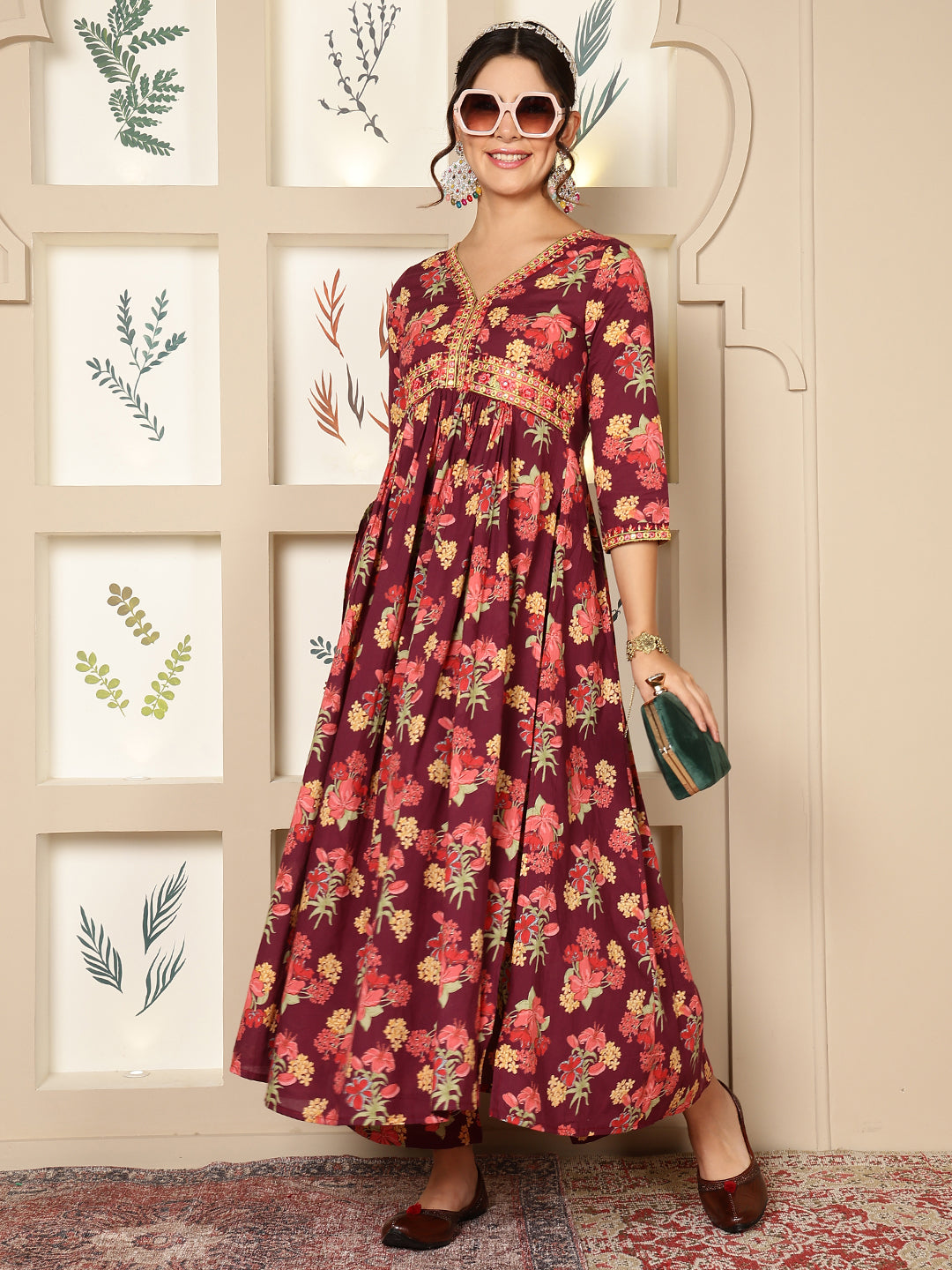 Rayon Calf Length Printed Flared 3/4 Sleeves V-Neck Kurta Bottom Set