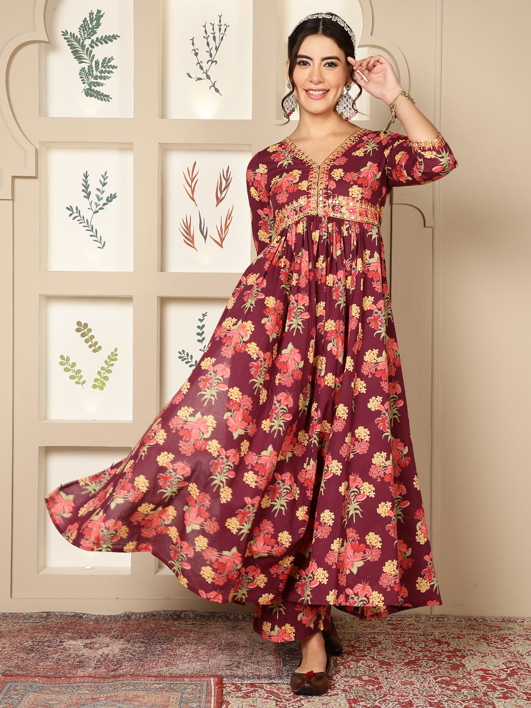 Rayon Calf Length Printed Flared 3/4 Sleeves V-Neck Kurta Bottom Set
