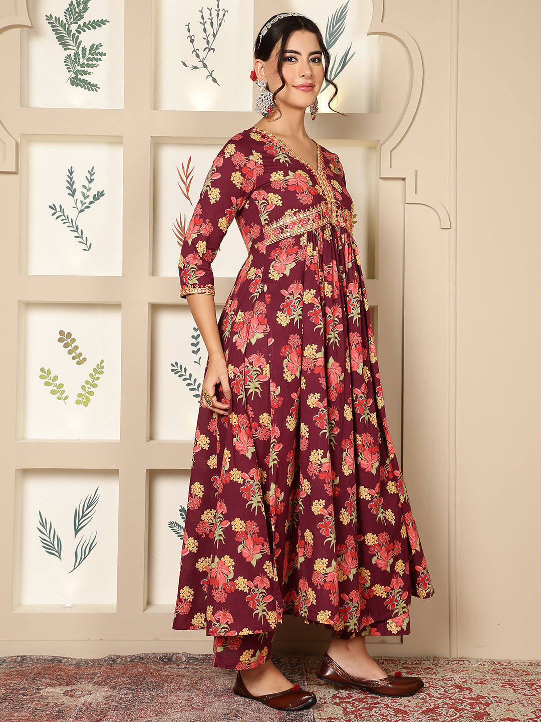 Rayon Calf Length Printed Flared 3/4 Sleeves V-Neck Kurta Bottom Set