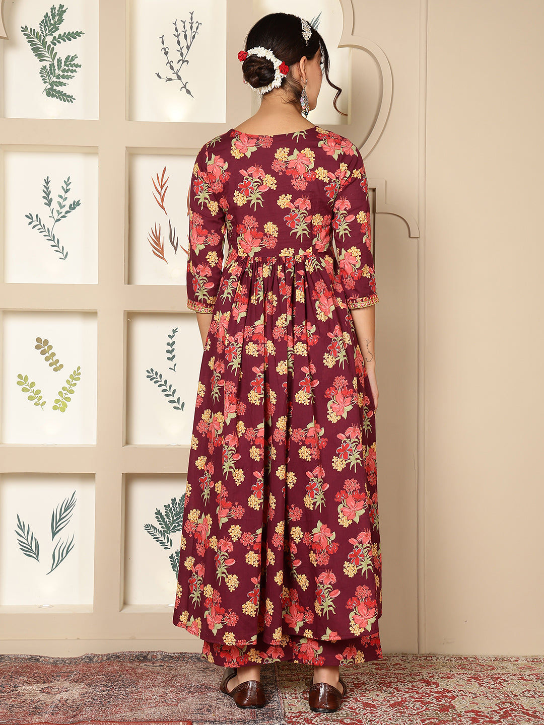 Rayon Calf Length Printed Flared 3/4 Sleeves V-Neck Kurta Bottom Set