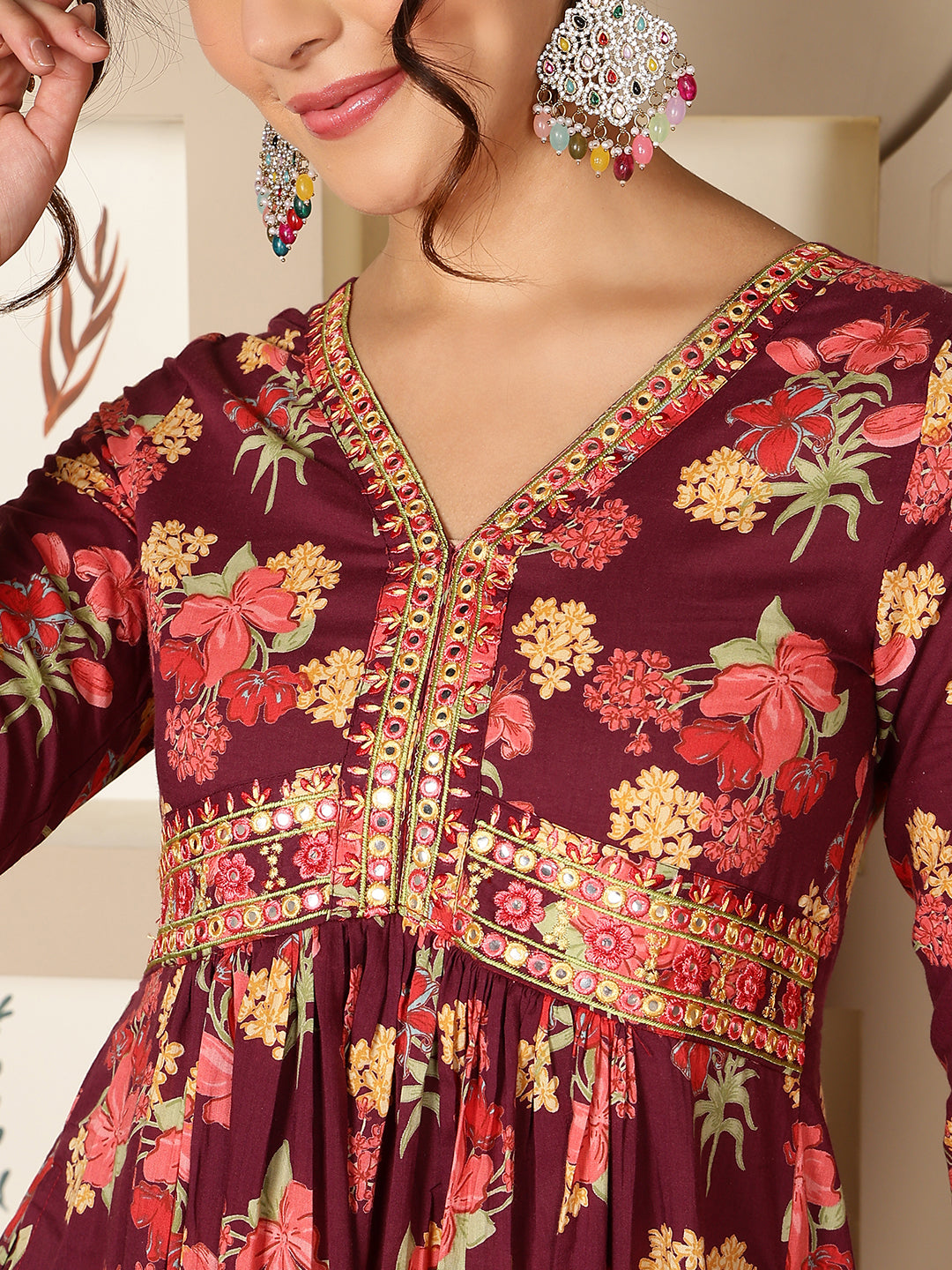 Rayon Calf Length Printed Flared 3/4 Sleeves V-Neck Kurta Bottom Set