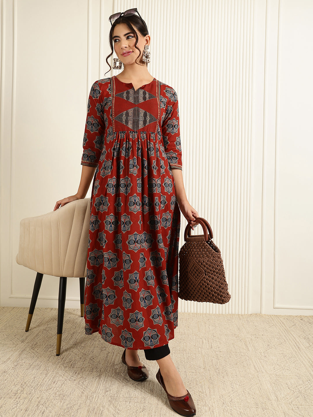 Cotton Calf Length Printed Semi-Flared 3/4 Sleeves Round Neck Kurta