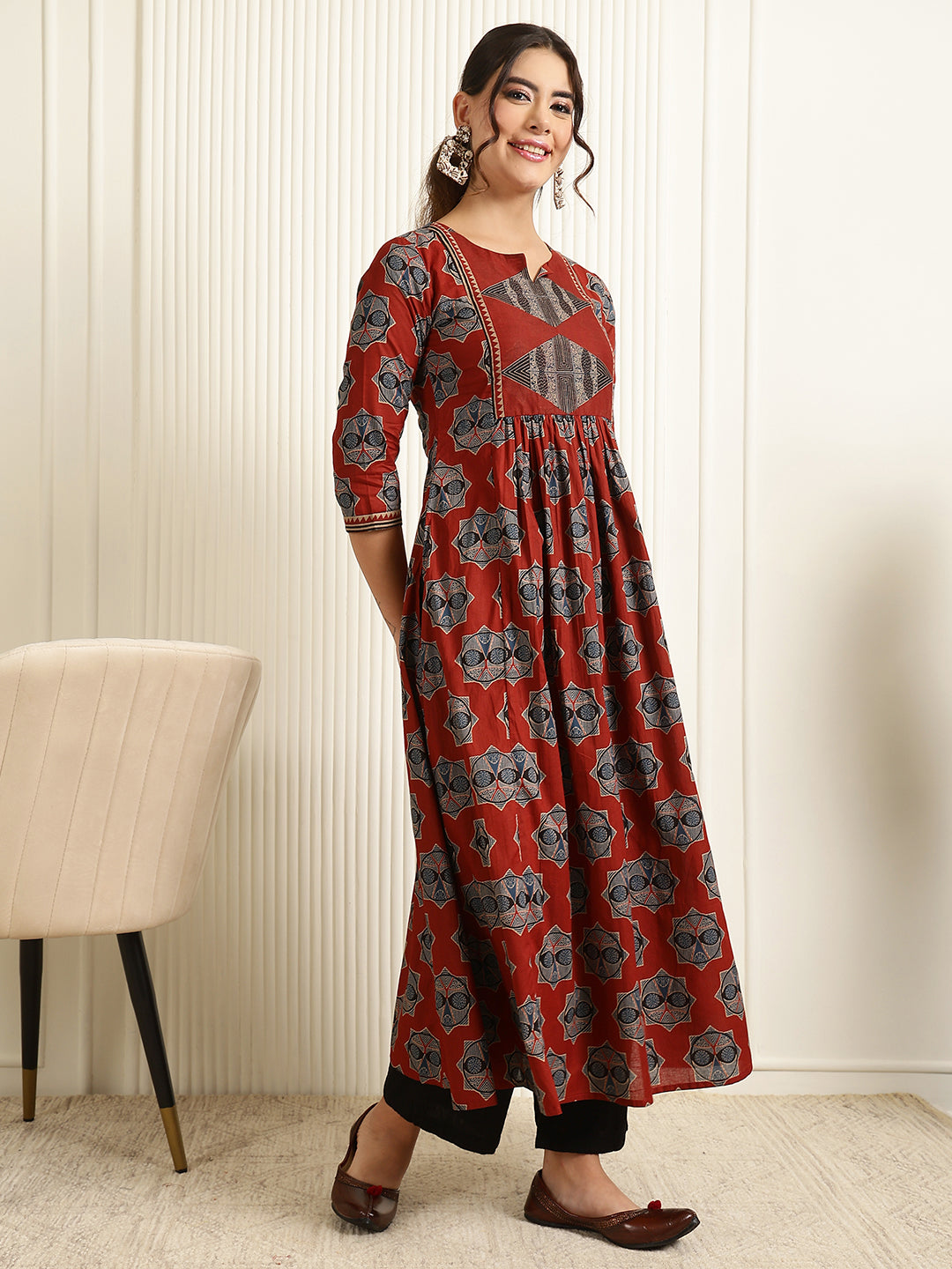 Cotton Calf Length Printed Semi-Flared 3/4 Sleeves Round Neck Kurta