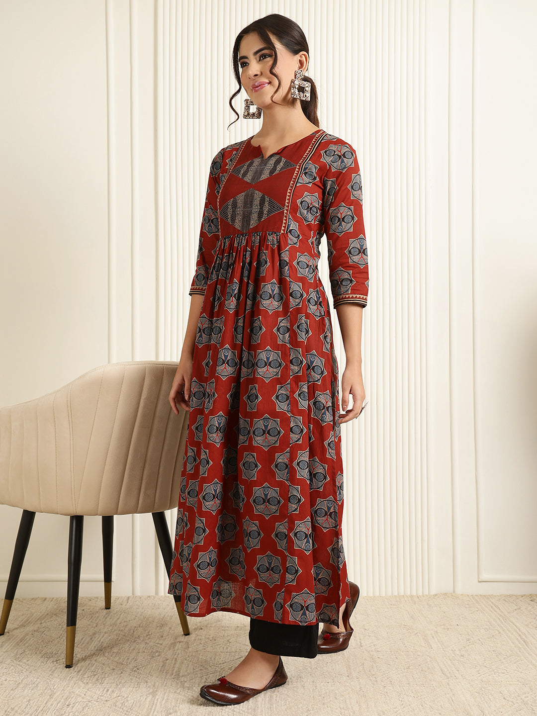 Cotton Calf Length Printed Semi-Flared 3/4 Sleeves Round Neck Kurta