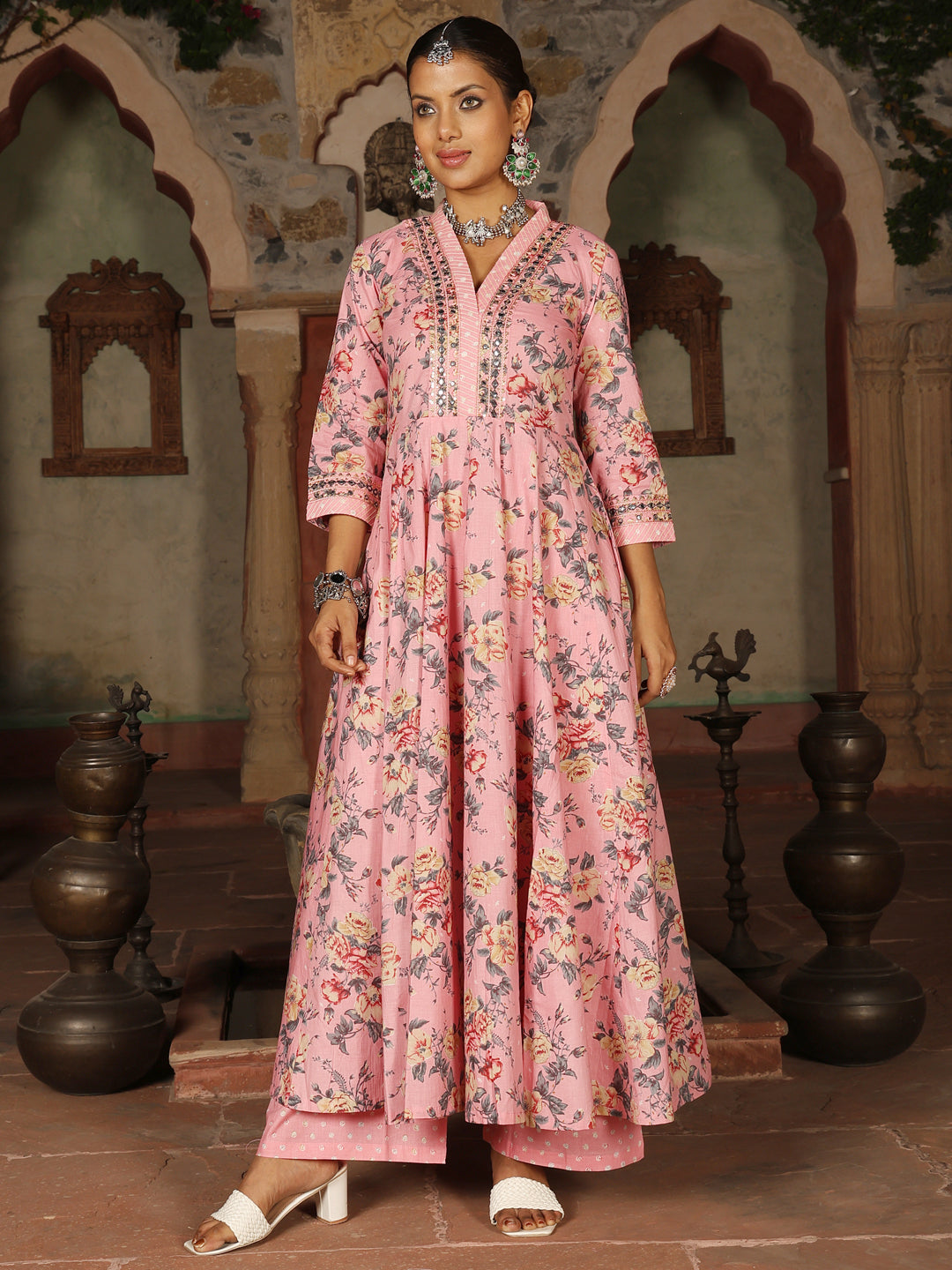 Cotton Calf Length Printed Flared 3/4 Sleeves V-Neck Kurta Suit Set