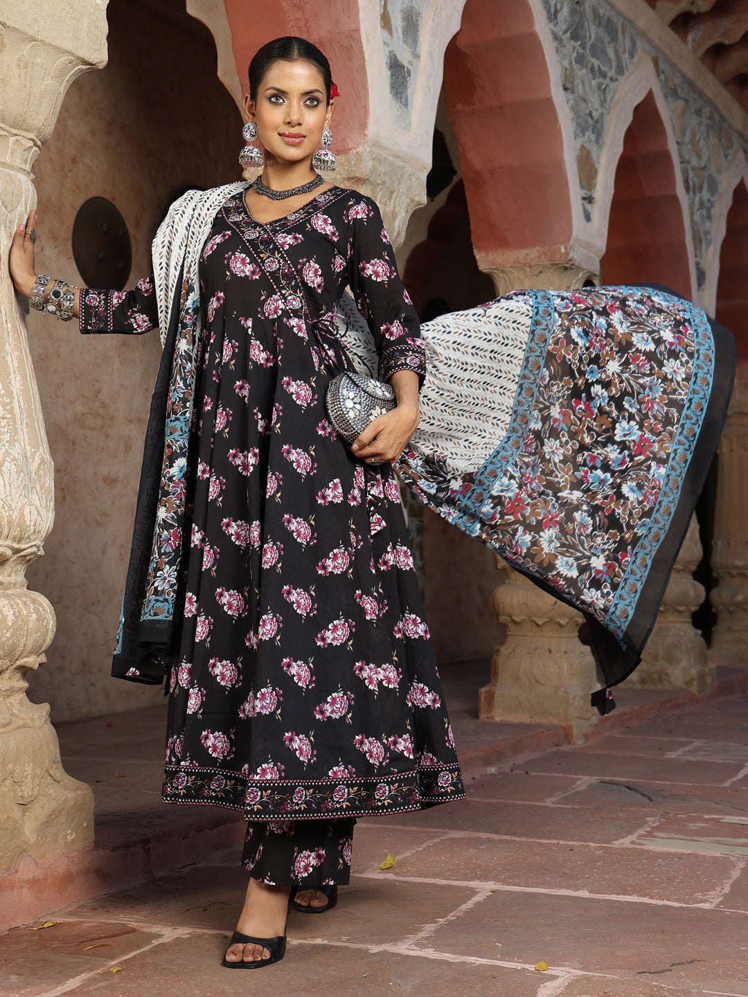 Cotton Calf Length Printed Flared 3/4 Sleeves V-Neck Kurta Suit Set With Dupatta