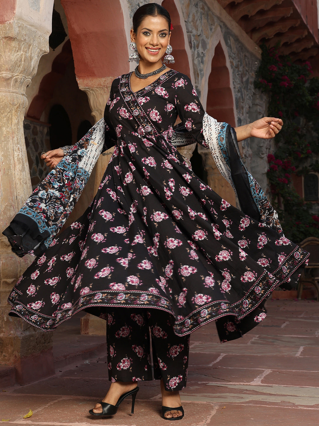 Cotton Calf Length Printed Flared 3/4 Sleeves V-Neck Kurta Suit Set With Dupatta