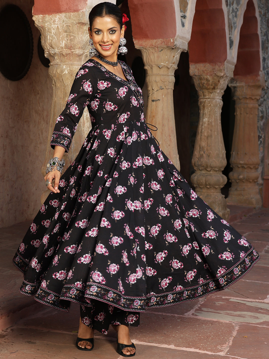 Cotton Calf Length Printed Flared 3/4 Sleeves V-Neck Kurta Suit Set With Dupatta