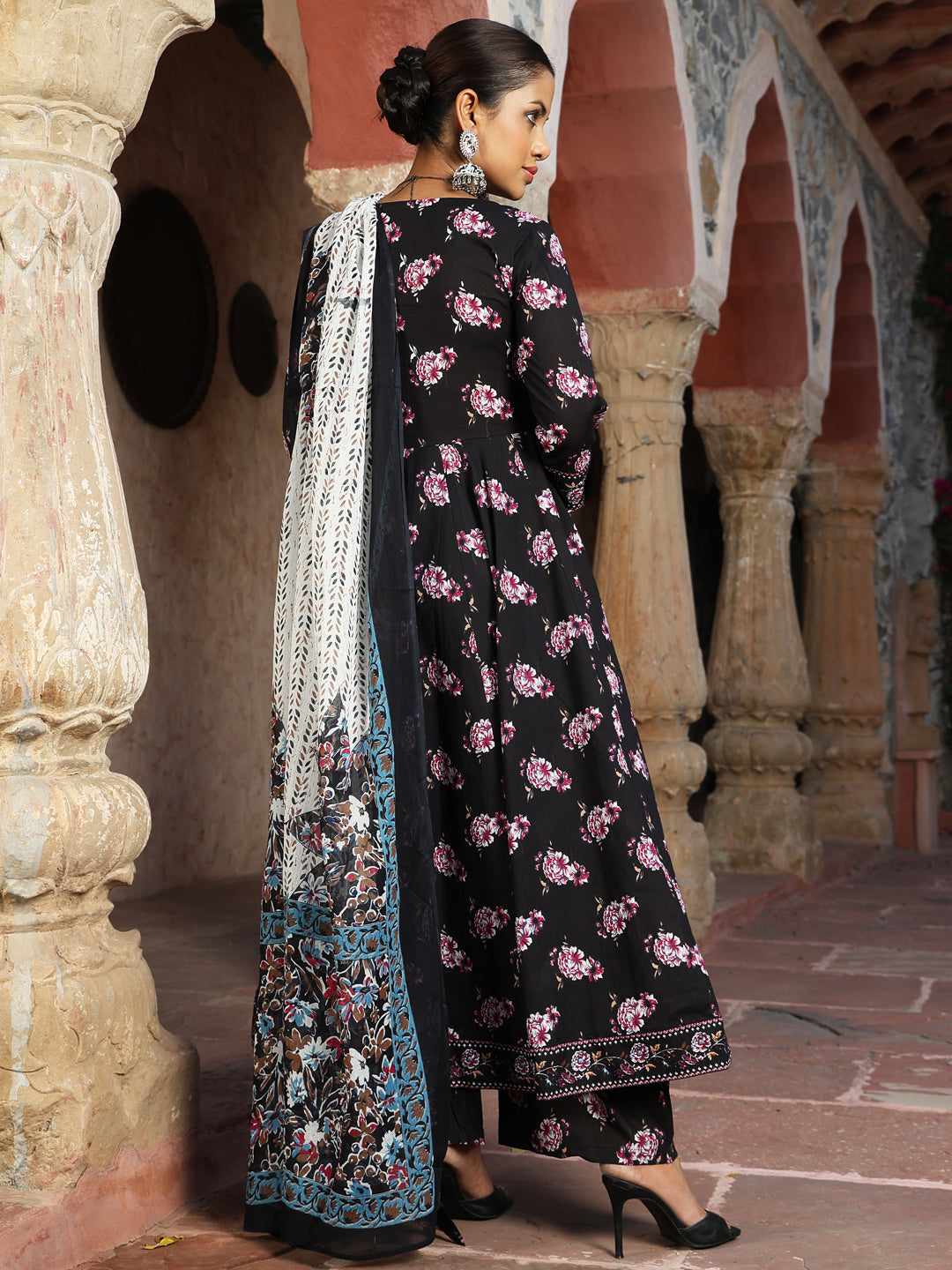 Cotton Calf Length Printed Flared 3/4 Sleeves V-Neck Kurta Suit Set With Dupatta