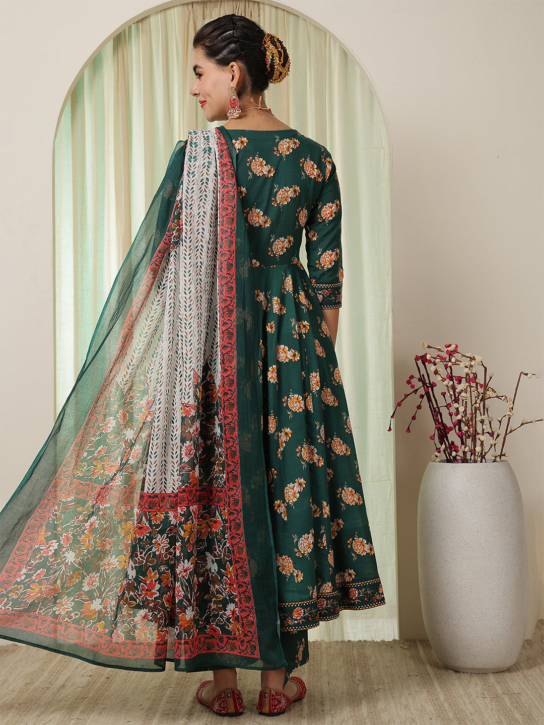 Cotton Calf Length Printed Flared 3/4 Sleeves V-Neck Kurta Suit Set With Dupatta (Preorder)