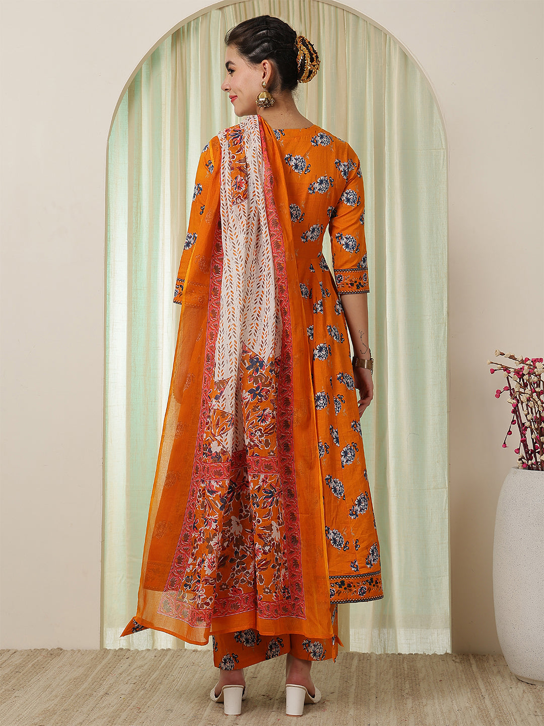 Cotton Calf Length Printed Flared 3/4 Sleeves V-Neck Kurta Suit Set With Dupatta (Preorder)