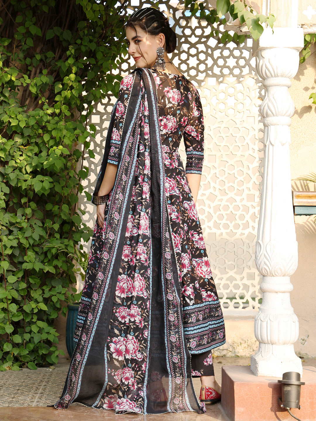 Cotton Calf Length Printed Flared 3/4 Sleeves V-Neck Kurta Suit Set With Dupatta (Preorder)