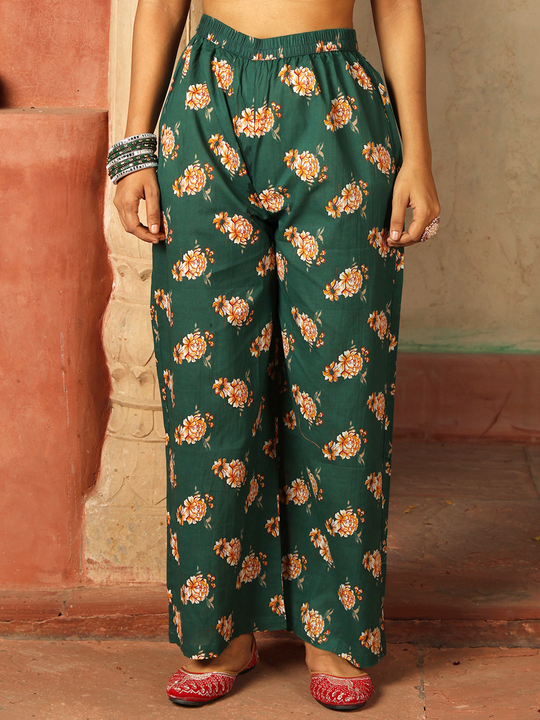 Cotton Calf Length Printed Flared 3/4 Sleeves V-Neck Kurta Suit Set With Dupatta