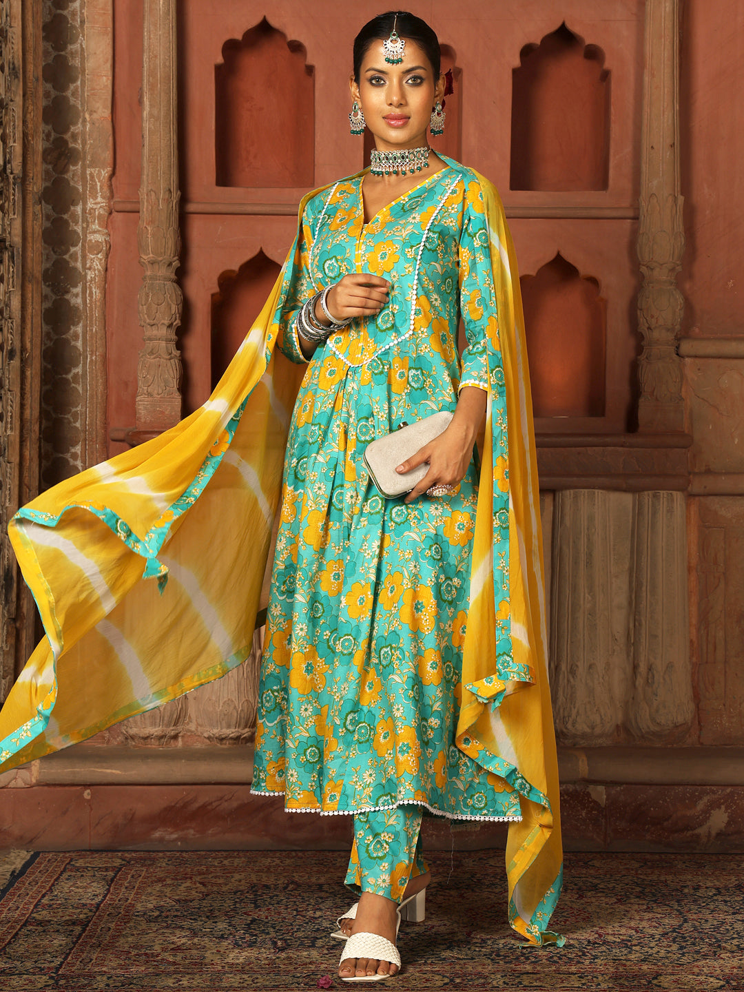 Cotton Calf Length Printed Flared 3/4 Sleeves V-Neck Kurta Suit Set With Dupatta