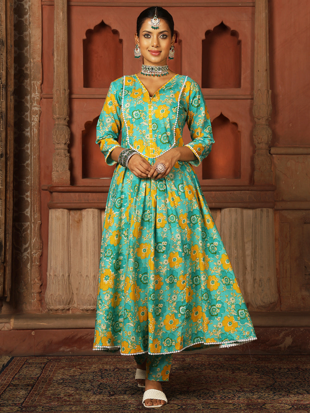Cotton Calf Length Printed Flared 3/4 Sleeves V-Neck Kurta Suit Set With Dupatta