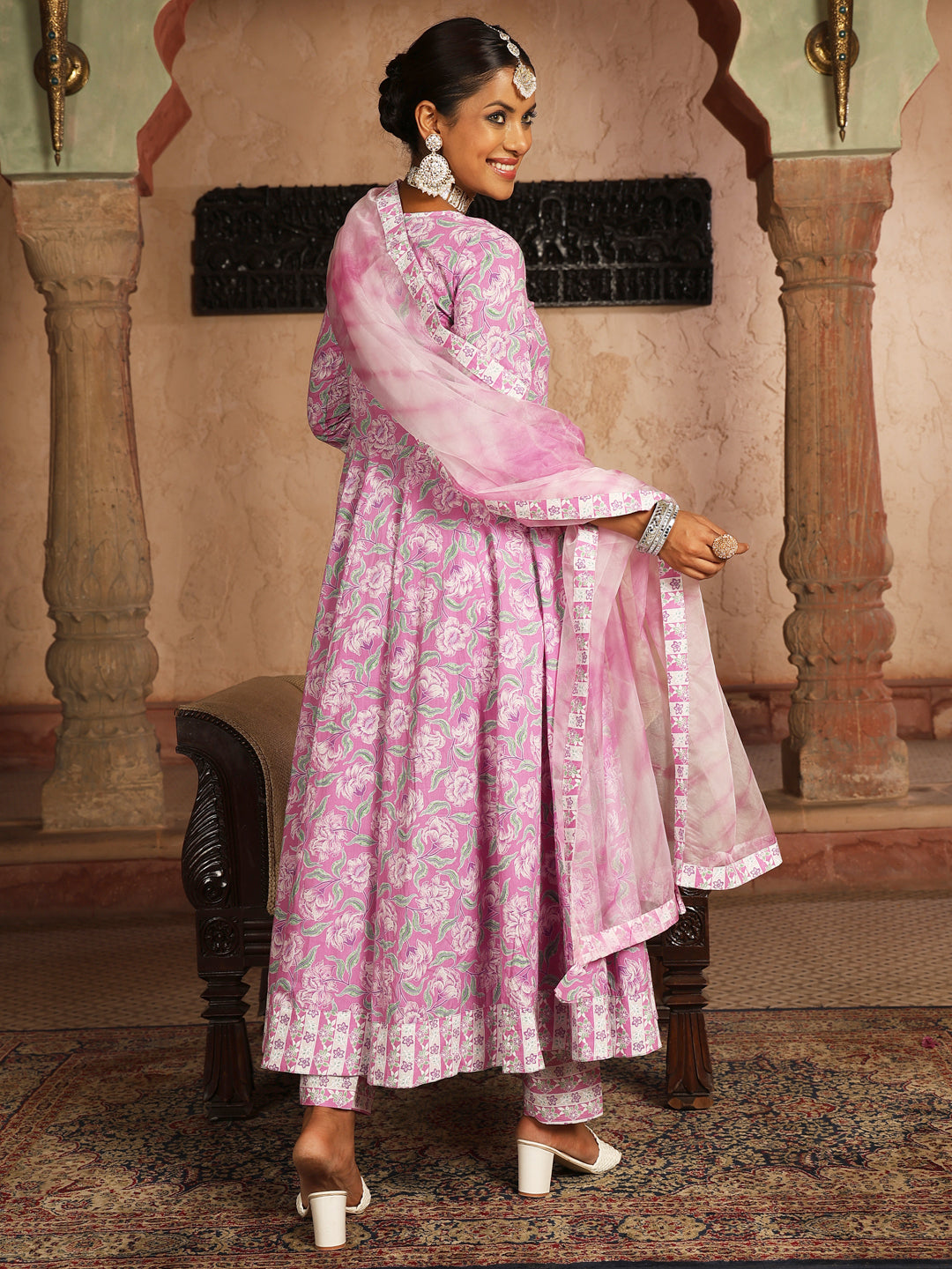 Cotton Calf Length Printed Flared 3/4 Sleeves V-Neck Kurta Suit Set With Dupatta