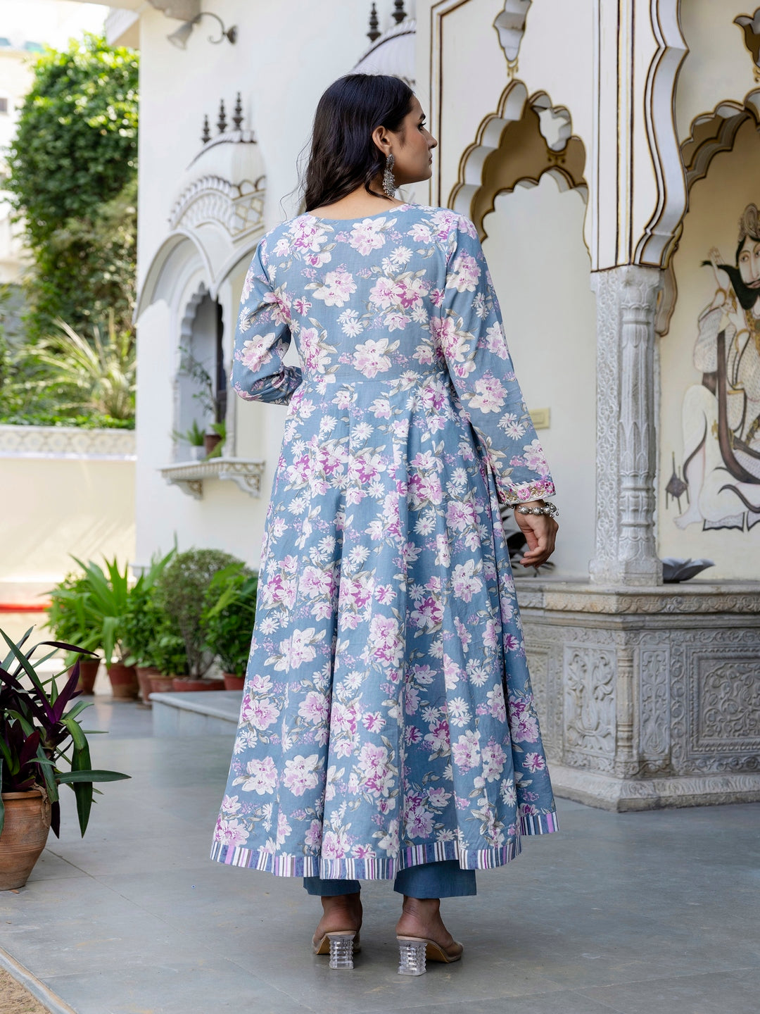 Cotton Calf Length Printed Flared 3/4 Sleeves Sweetheart Neck Kurta Suit Set With Dupatta