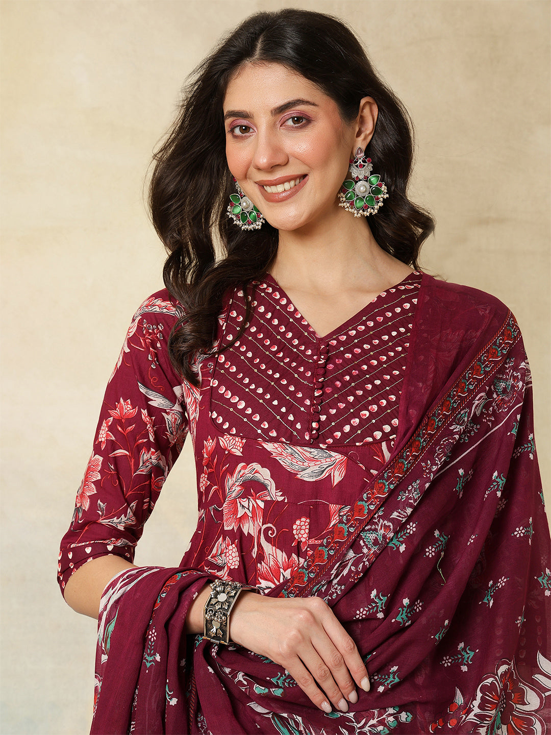 Cotton Calf Length Printed Flared 3/4 Sleeves V-Neck Kurta Suit Set With Dupatta (Preorder)