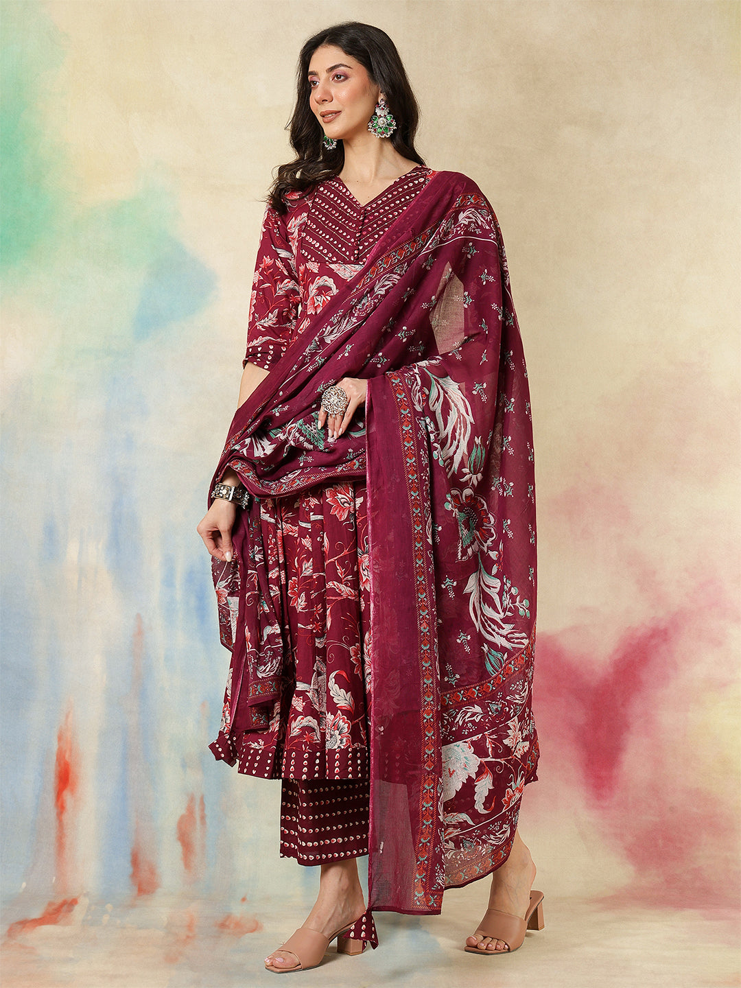 Cotton Calf Length Printed Flared 3/4 Sleeves V-Neck Kurta Suit Set With Dupatta (Preorder)