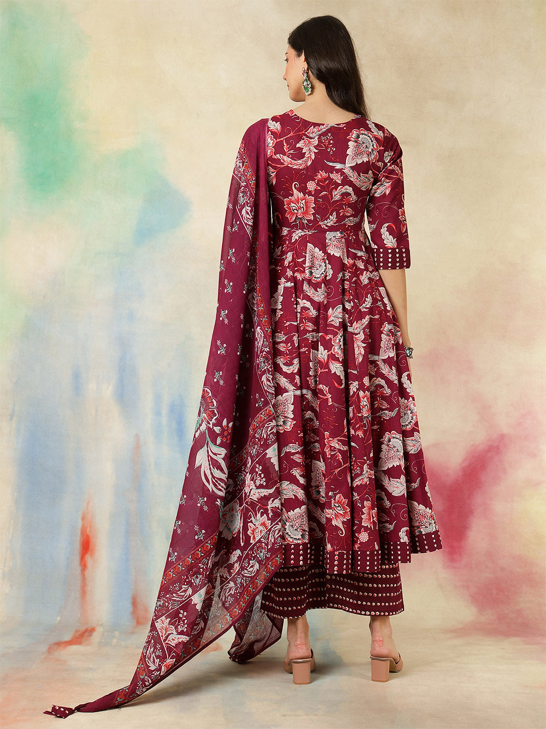 Cotton Calf Length Printed Flared 3/4 Sleeves V-Neck Kurta Suit Set With Dupatta (Preorder)