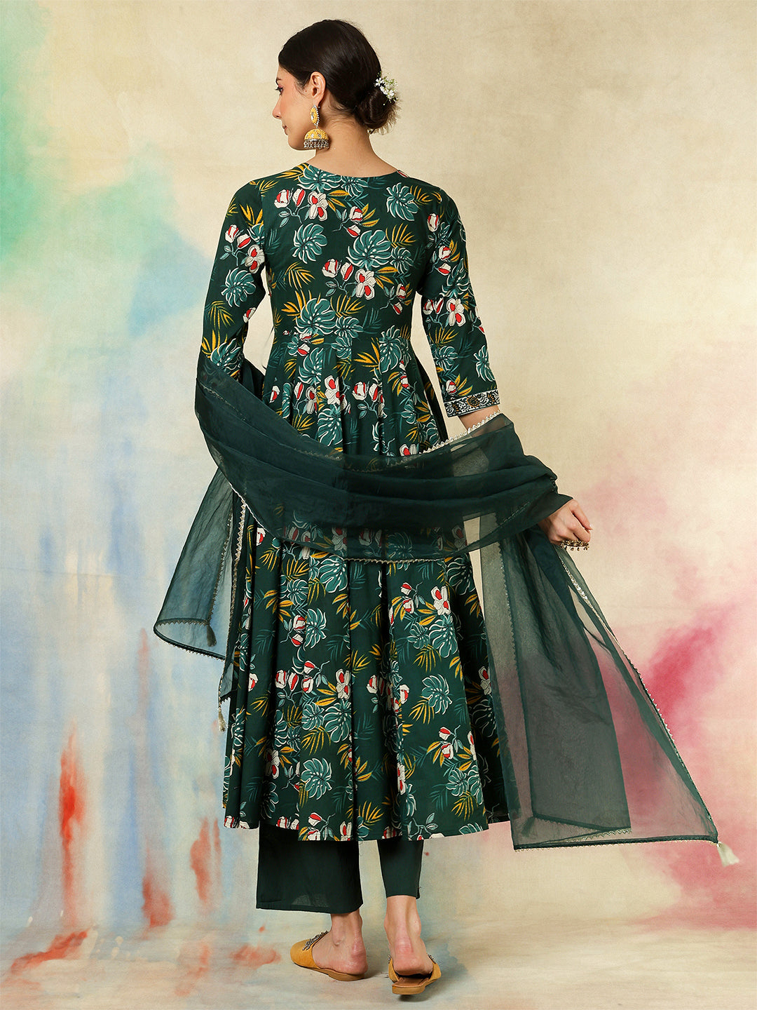 Cotton Calf Length Printed Embroidered 3/4 Sleeves V-Neck Kurta Suit Set With Dupatta (Preorder)