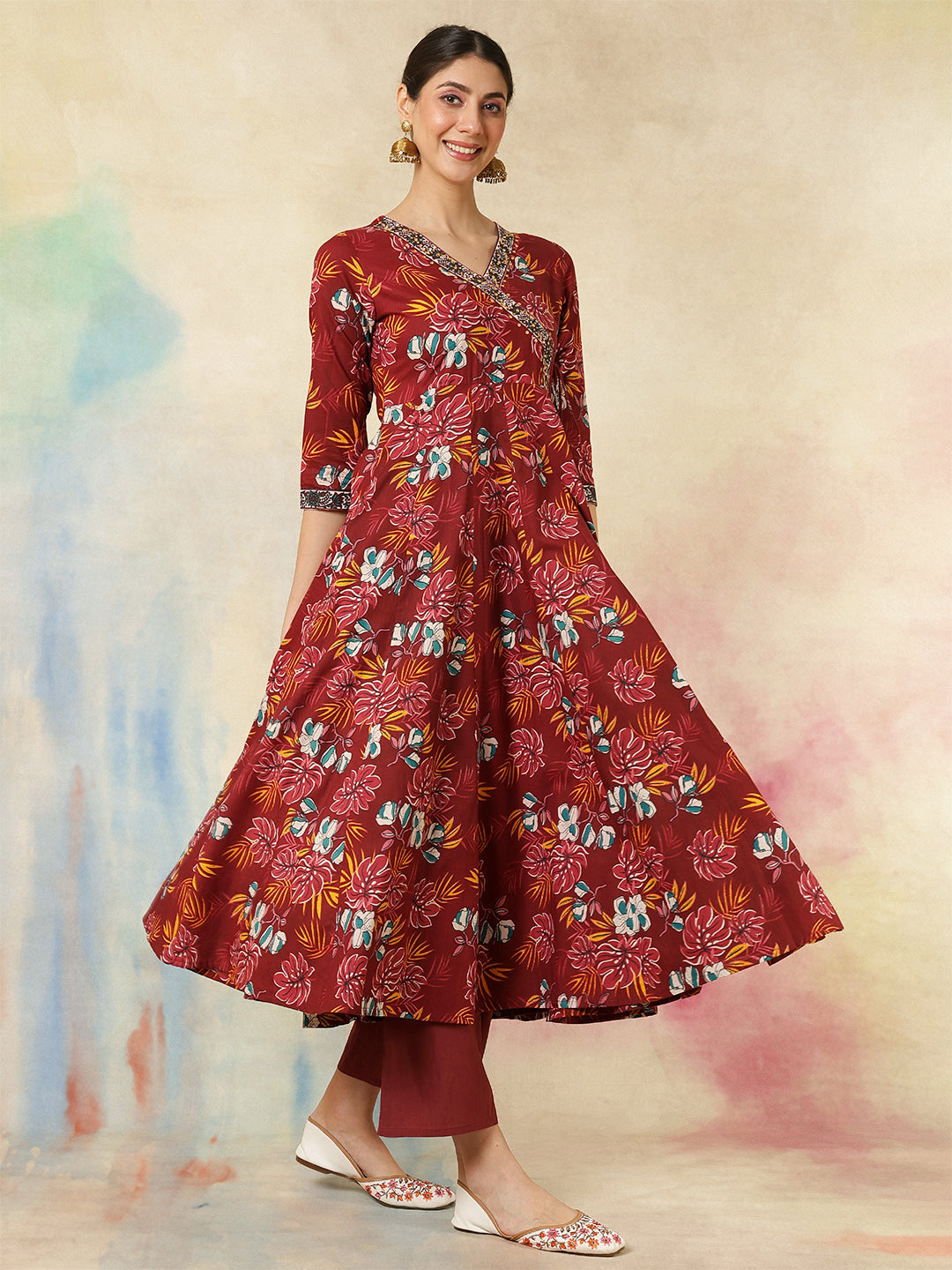 Cotton Calf Length Printed Embroidered 3/4 Sleeves V-Neck Kurta Suit Set With Dupatta