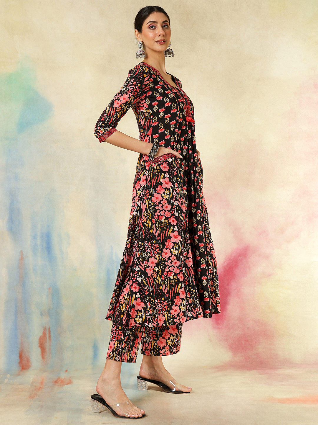 Cotton Calf Length Embroidered Printed A-Line3/4 Sleeves V-Neck Kurta Suit Set With Dupatta