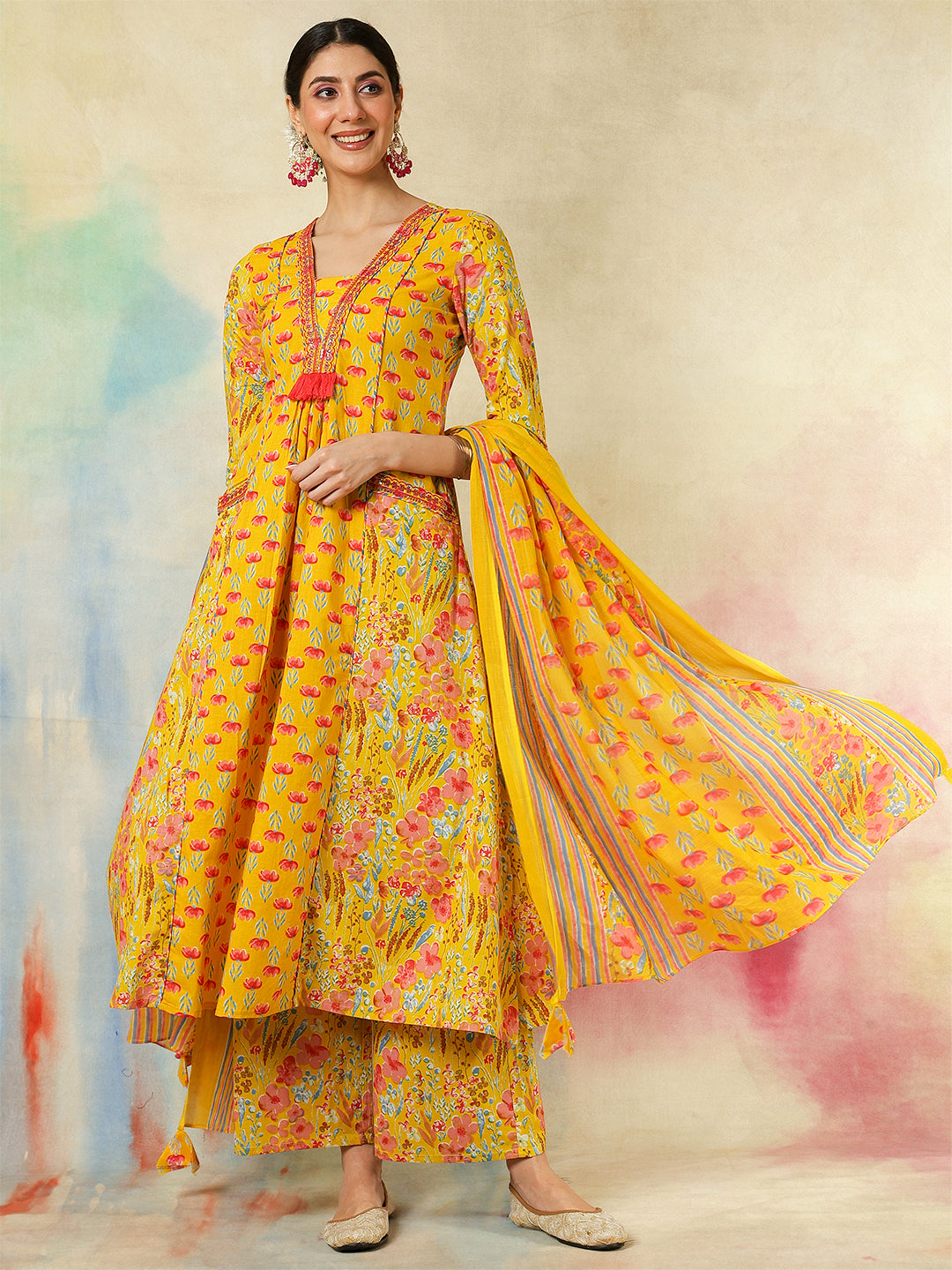 Cotton Calf Length Embroidered Printed A-Line3/4 Sleeves V-Neck Kurta Suit Set With Dupatta (Preorder)