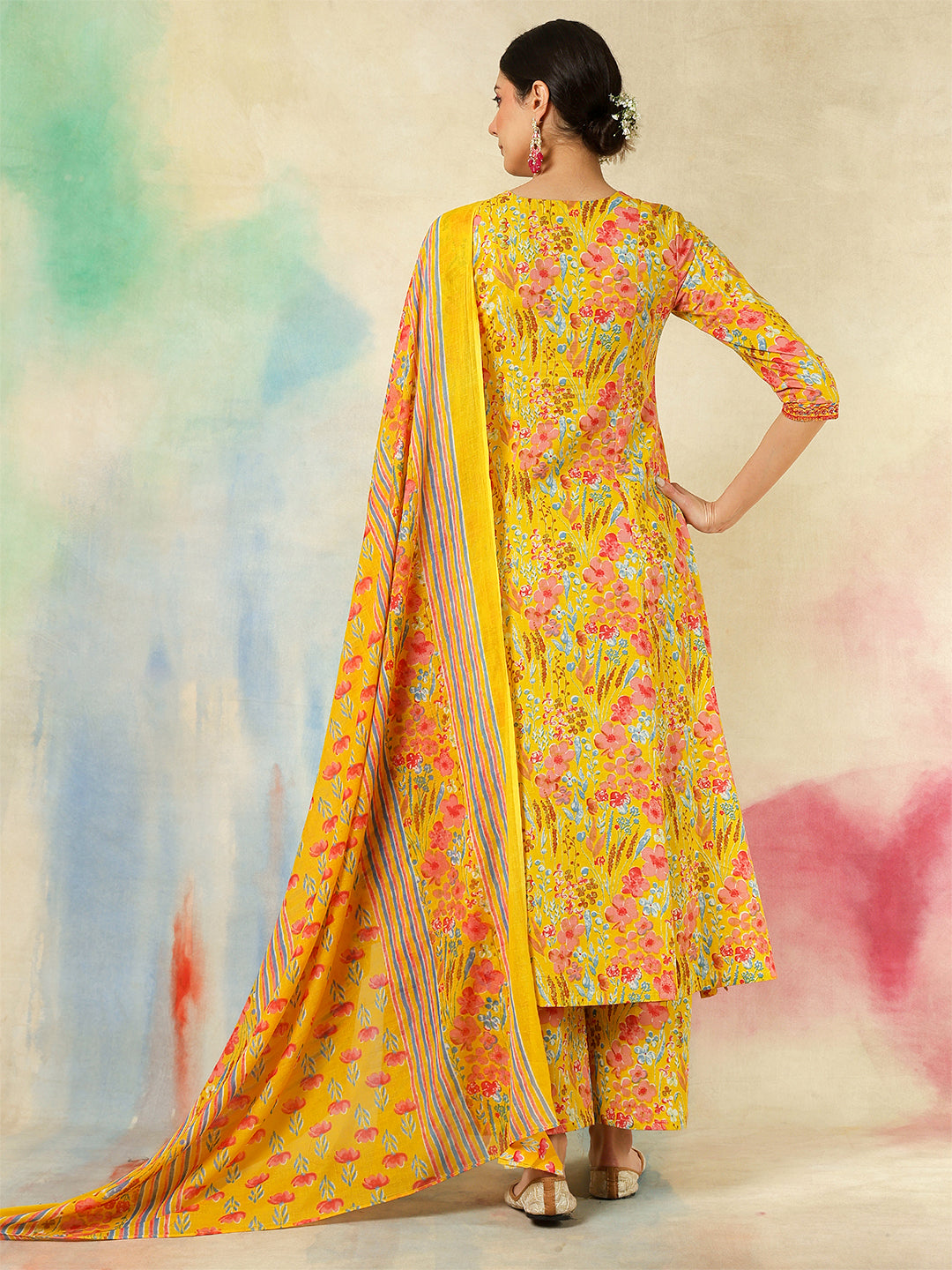 Cotton Calf Length Embroidered Printed A-Line3/4 Sleeves V-Neck Kurta Suit Set With Dupatta
