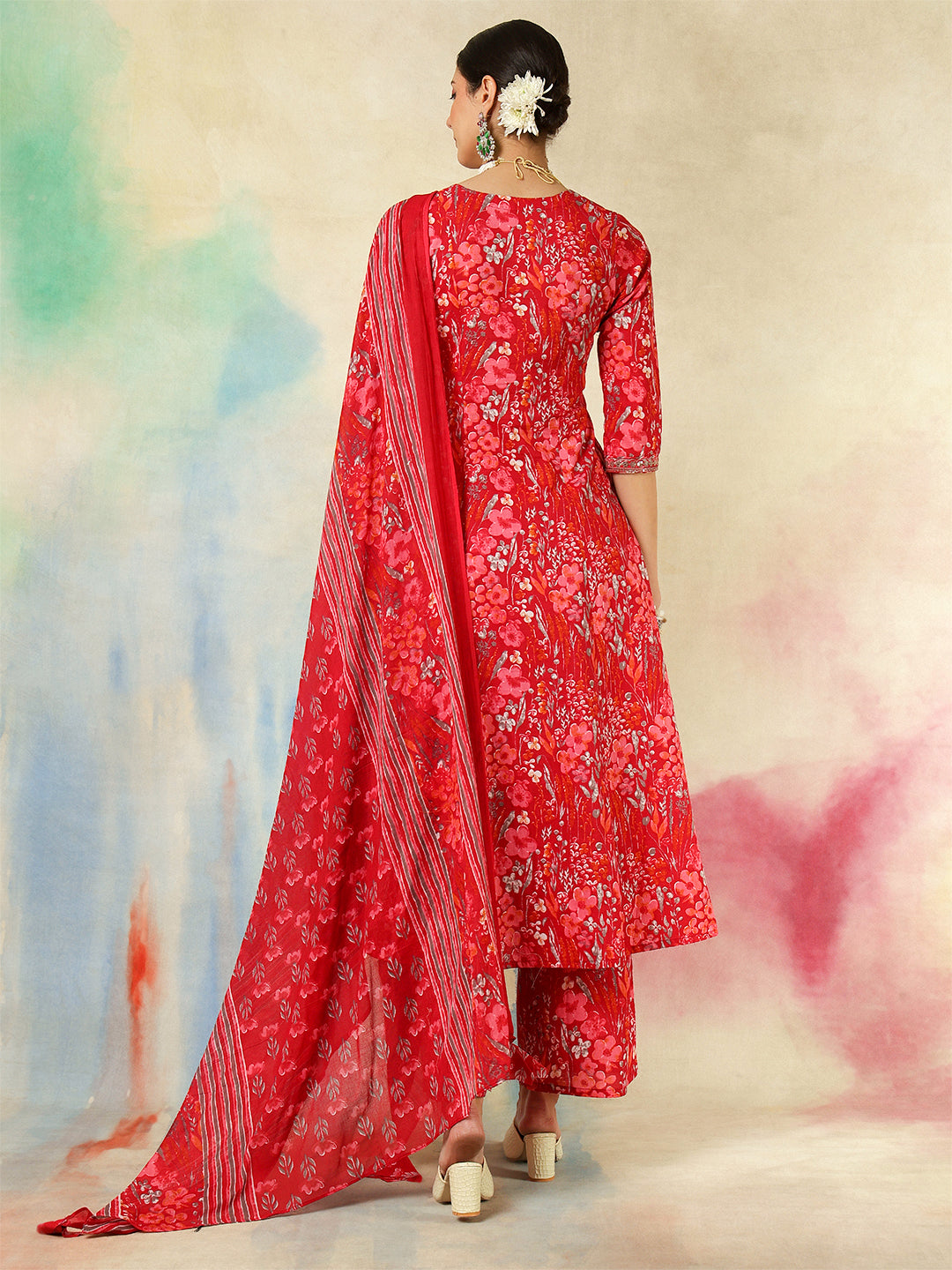 Cotton Calf Length Embroidered Printed A-Line3/4 Sleeves V-Neck Kurta Suit Set With Dupatta