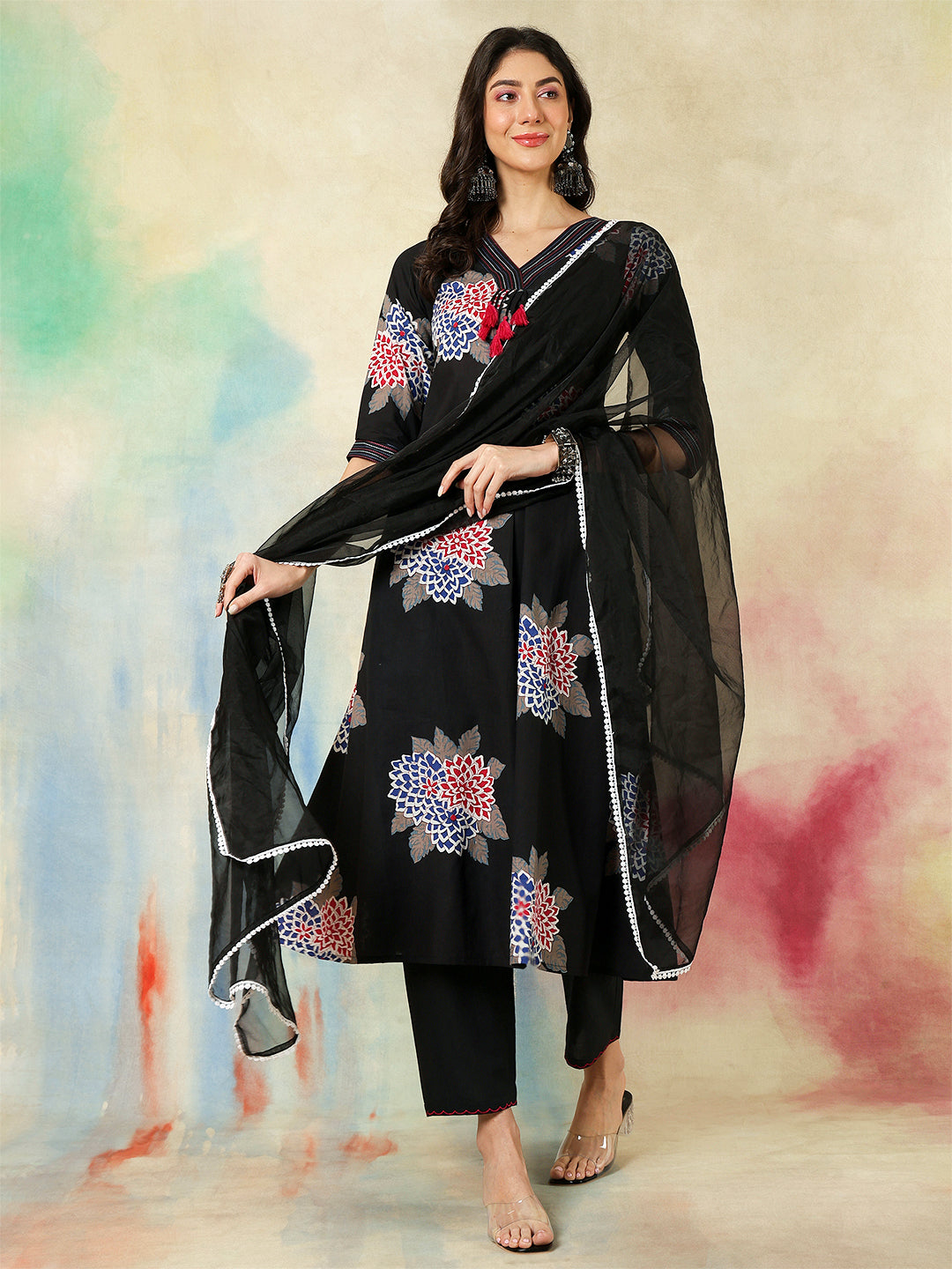 Rayon Calf Length Printed A-Line3/4 Sleeves V-Neck Kurta Suit Set With Dupatta