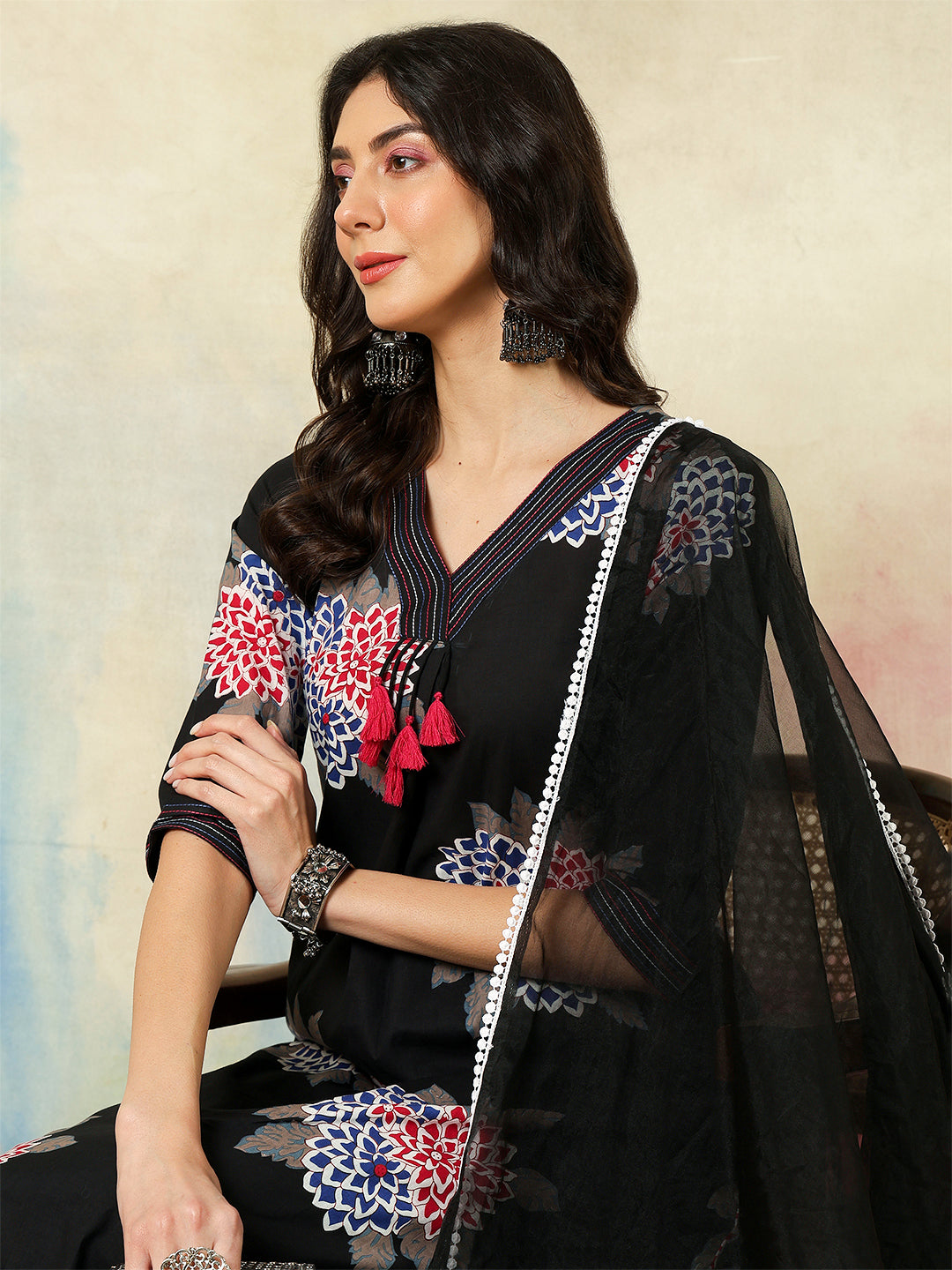 Rayon Calf Length Printed A-Line3/4 Sleeves V-Neck Kurta Suit Set With Dupatta