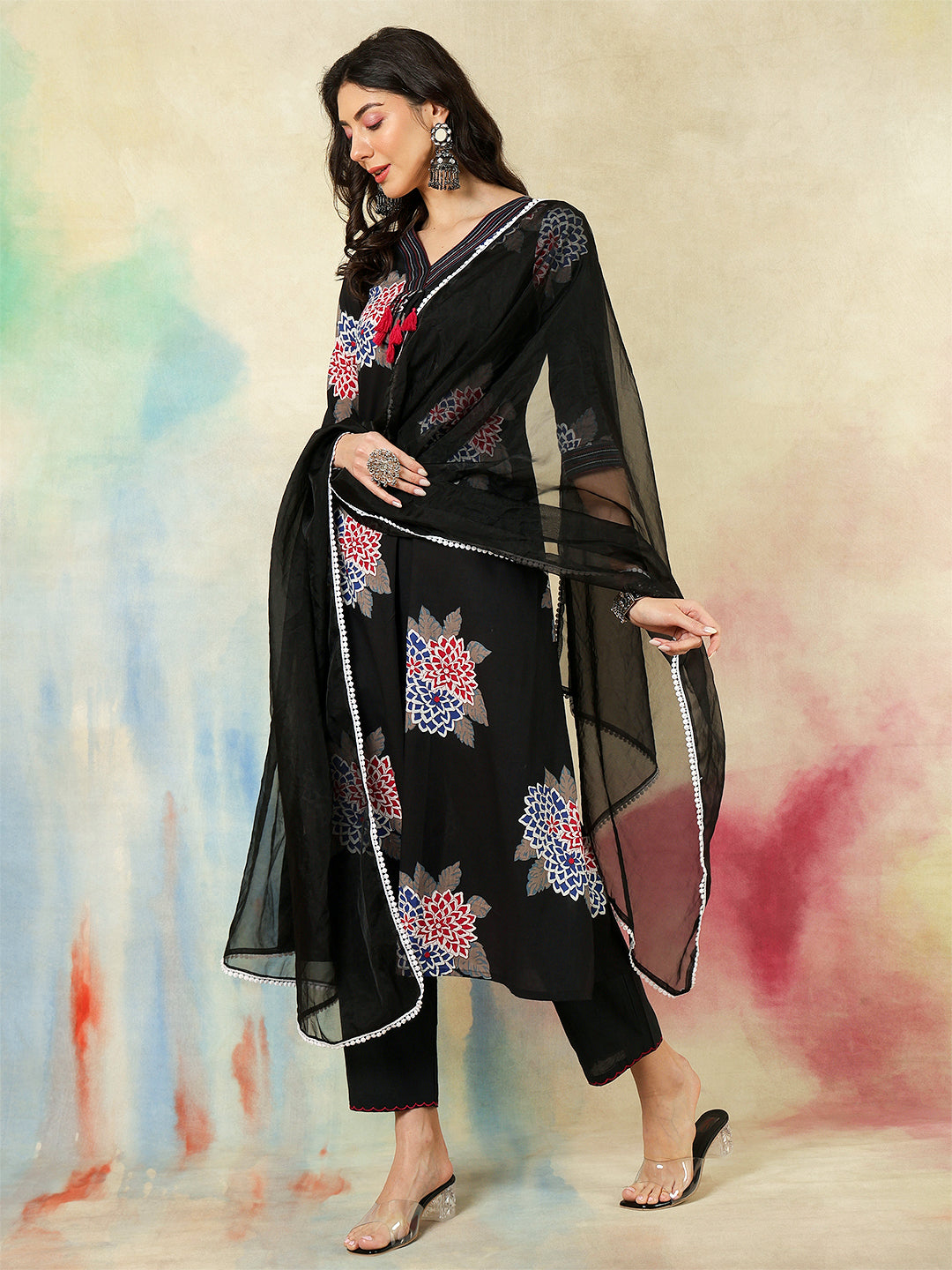 Rayon Calf Length Printed A-Line3/4 Sleeves V-Neck Kurta Suit Set With Dupatta