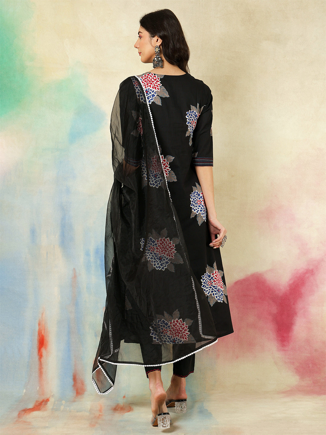 Rayon Calf Length Printed A-Line3/4 Sleeves V-Neck Kurta Suit Set With Dupatta