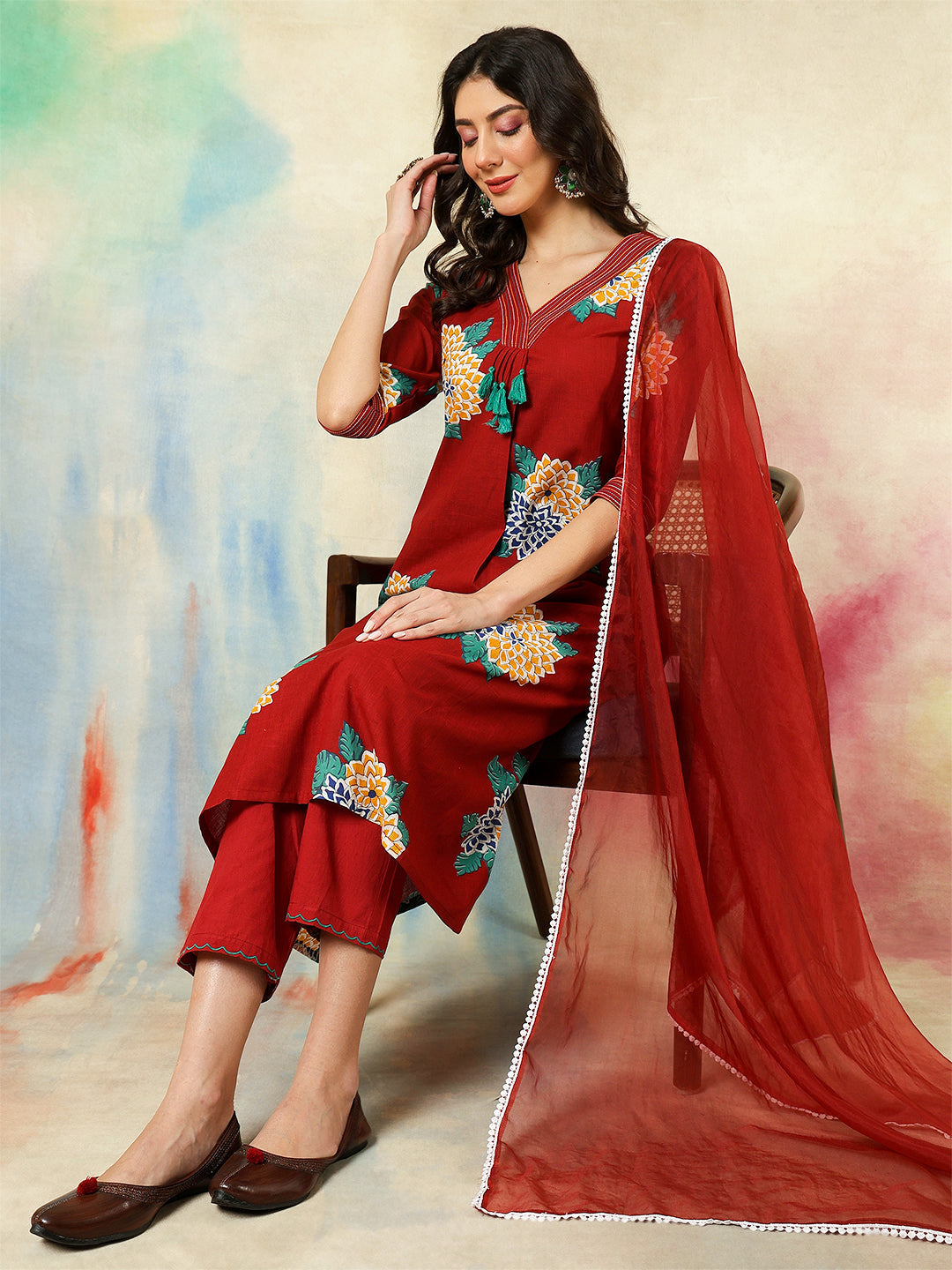 Rayon Calf Length Printed A-Line3/4 Sleeves V-Neck Kurta Suit Set With Dupatta (Preorder)