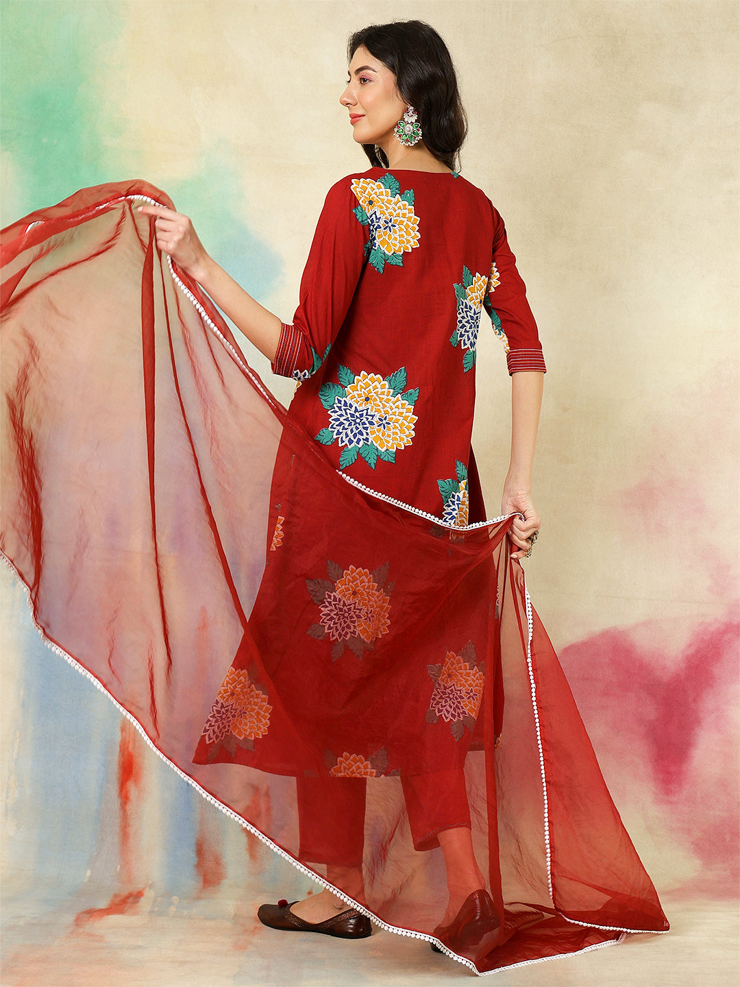 Rayon Calf Length Printed A-Line3/4 Sleeves V-Neck Kurta Suit Set With Dupatta (Preorder)
