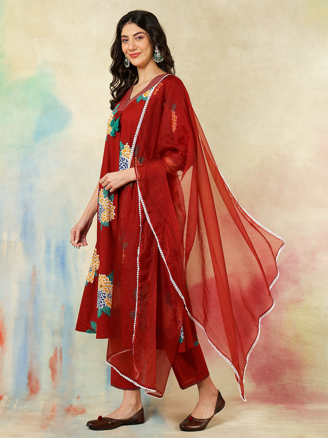 Rayon Calf Length Printed A-Line3/4 Sleeves V-Neck Kurta Suit Set With Dupatta