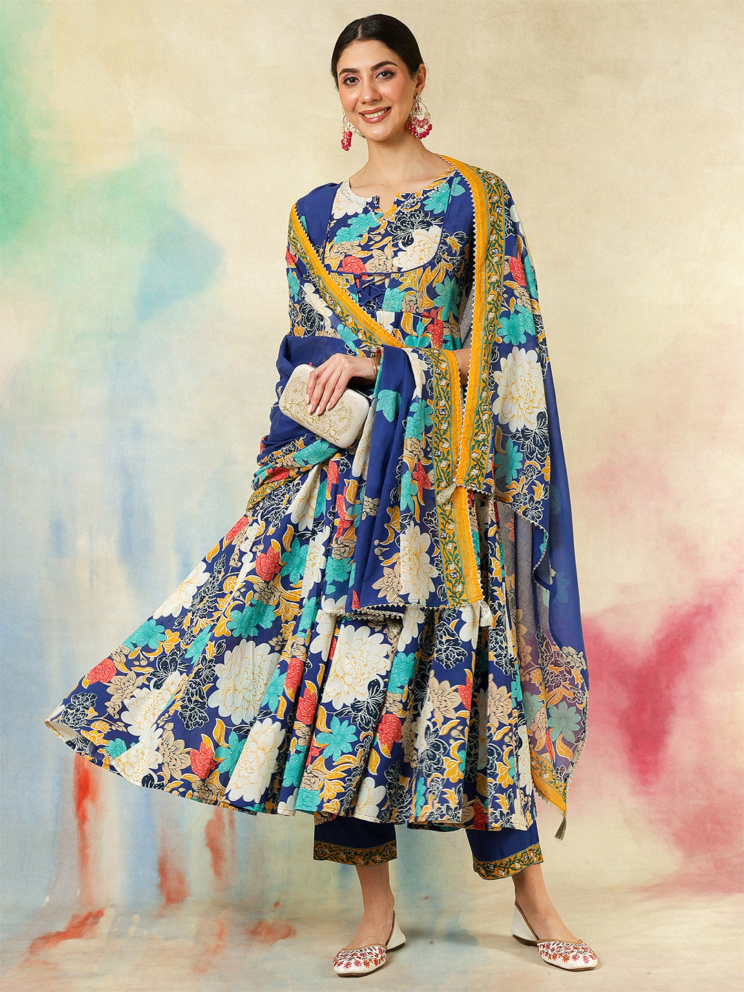 Cotton Flared Printed A-Line3/4 Sleeves Round Neck Kurta Suit Set With Dupatta