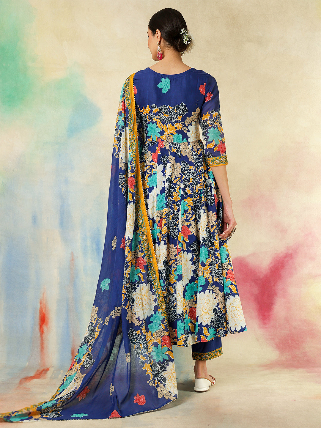 Cotton Flared Printed A-Line3/4 Sleeves Round Neck Kurta Suit Set With Dupatta
